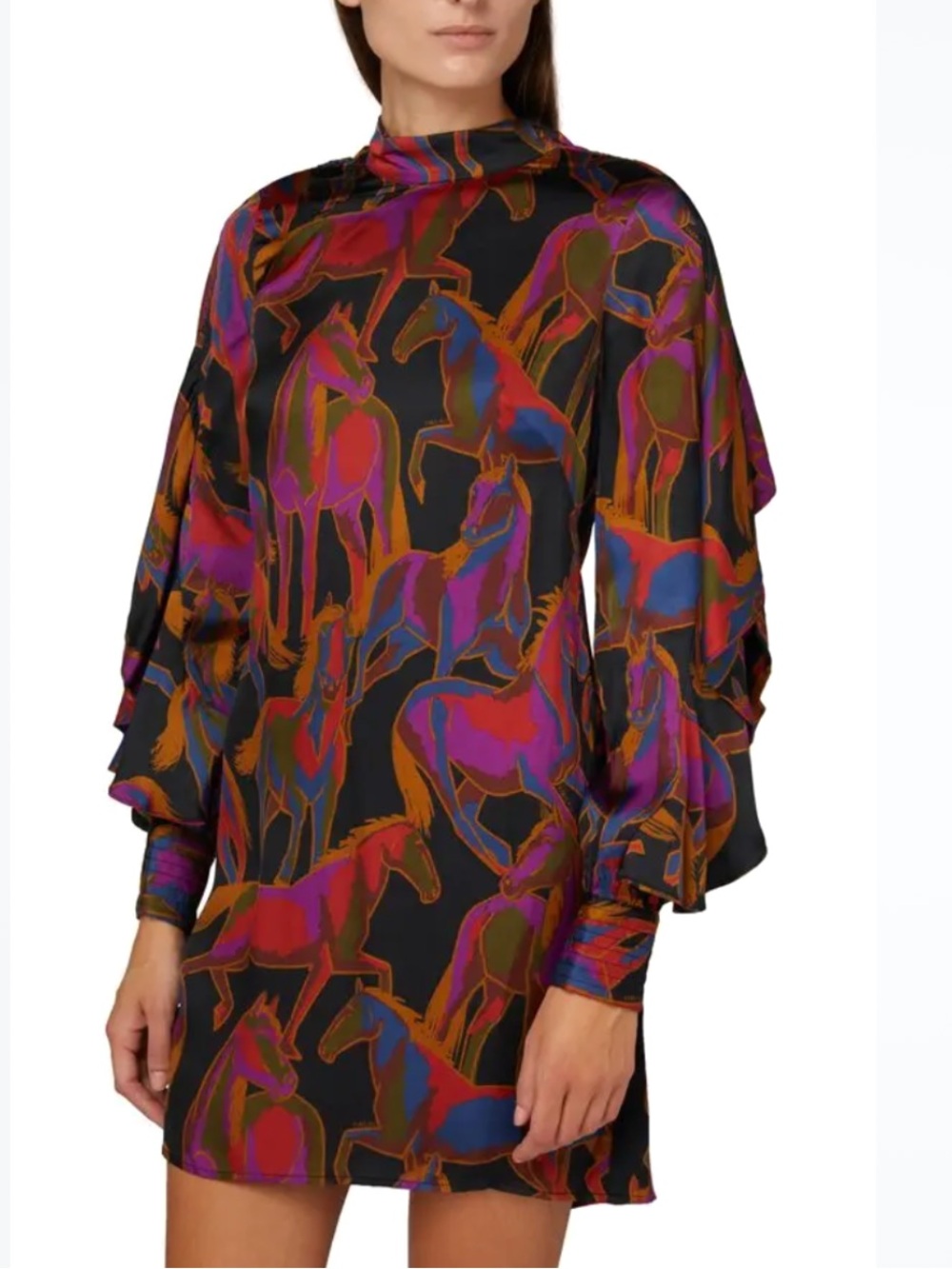 FARM Rio Wild Horses Backless Mini Dress Jewel Tones Statement Sleeves Ruffles